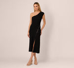 One Shoulder Studded Knit Midi Dress In Black 3