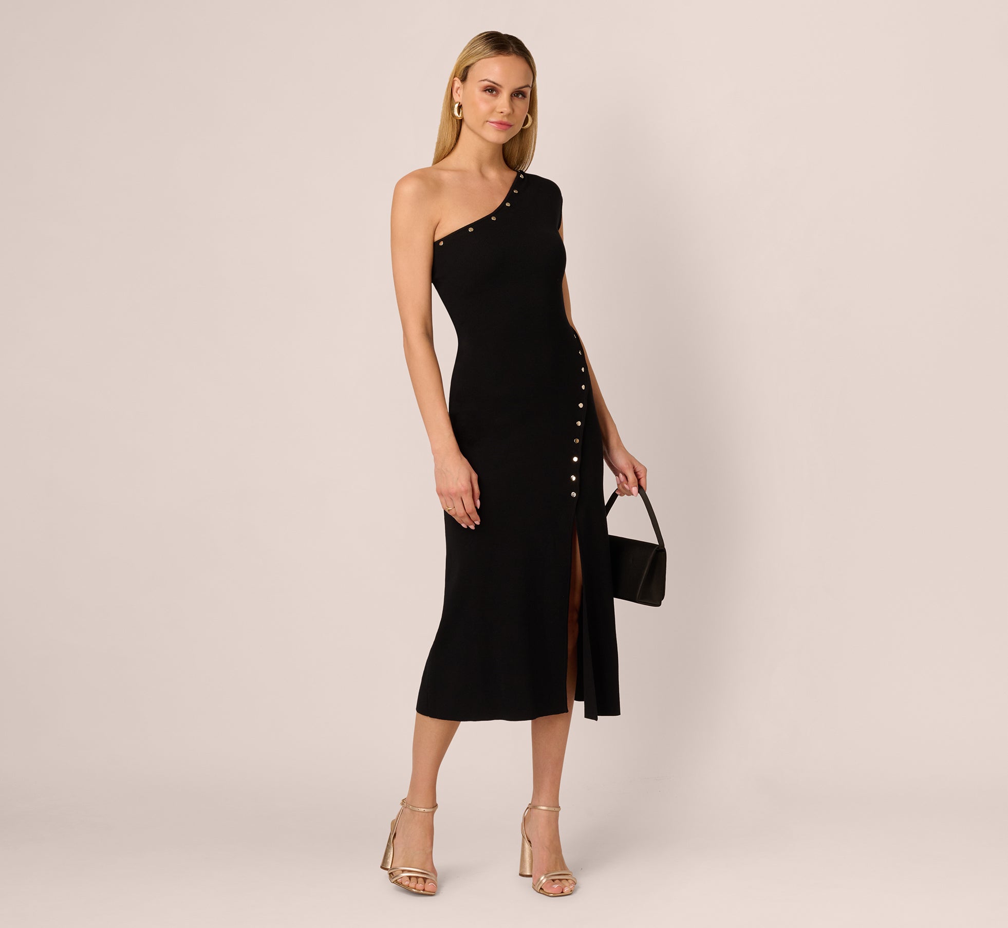 open lace back dress Black One Shoulder Studded Knit Midi Dress
