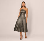 Strapless Drop Waist Metallic Midi Dress In Gunmetal 2