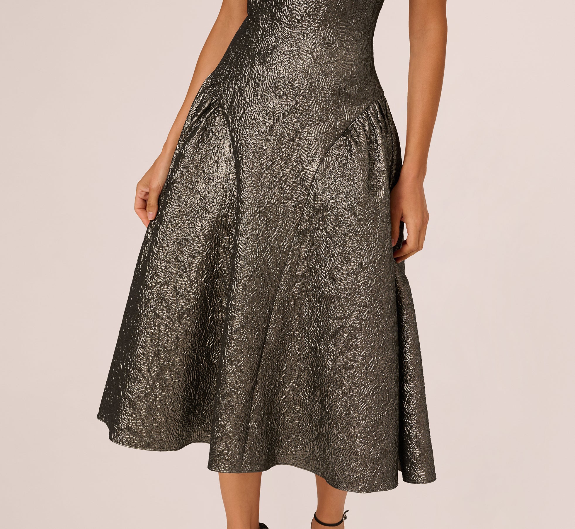 Gunmetal Strapless Drop Waist Metallic Midi Dress - Adrianna Papell