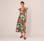 3D Tropical Floral Cotton A Line Midi Dress In Black Multi 2
