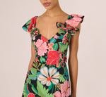 3D Tropical Floral Cotton A Line Midi Dress In Black Multi 3