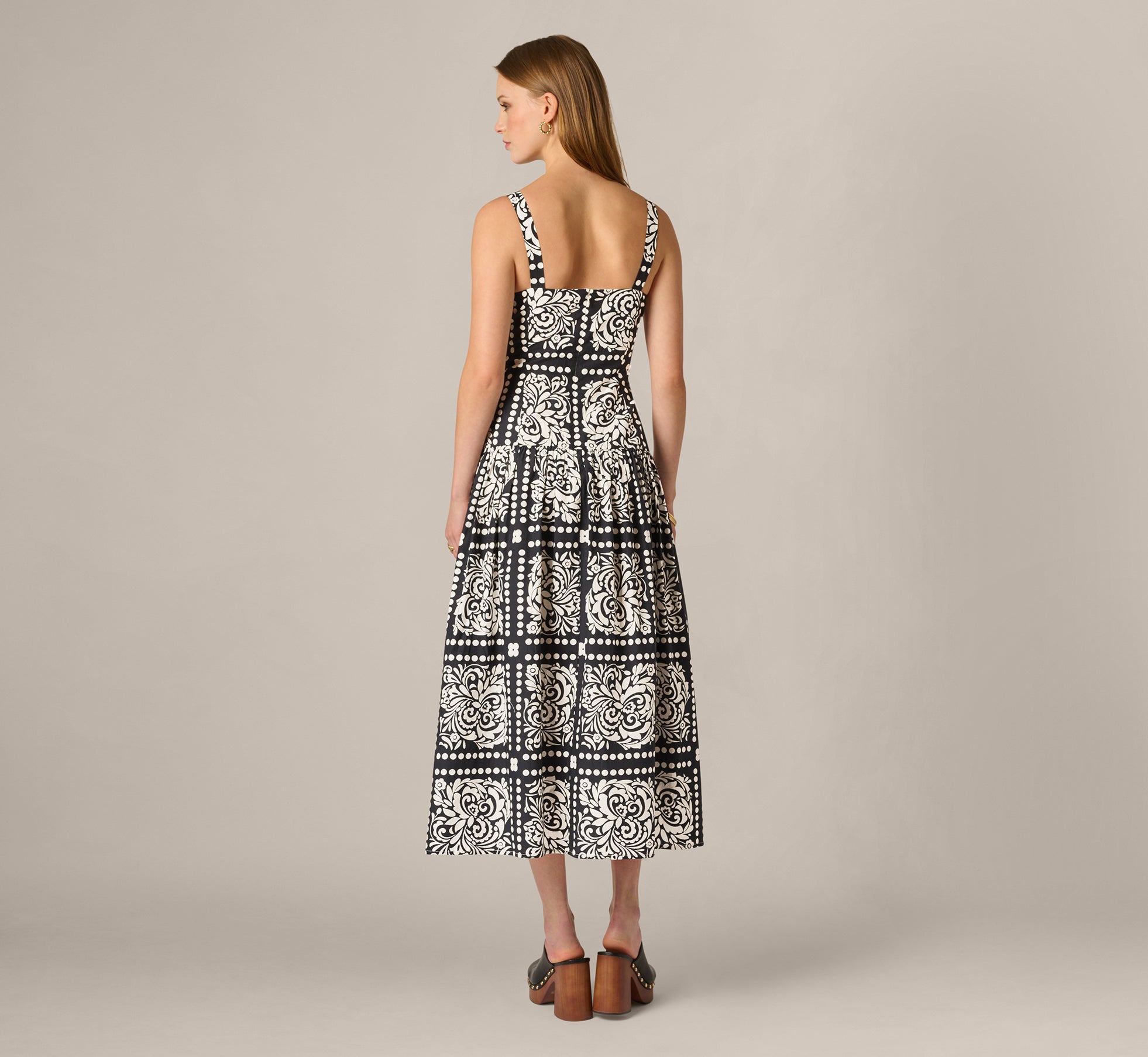Black Drop Waist Cotton Tile Print Midi Sundress - Adrianna Papell