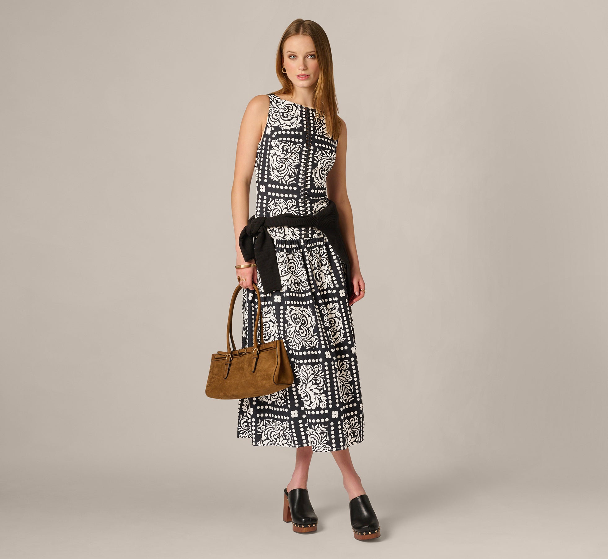 Black Drop Waist Cotton Tile Print Midi Sundress - Adrianna Papell Black Drop Waist Cotton Tile Print Midi Sundress - Adrianna Papell