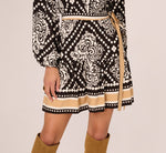 Bishop Sleeve Medallion Printed Short Dress In Black Ivory 4