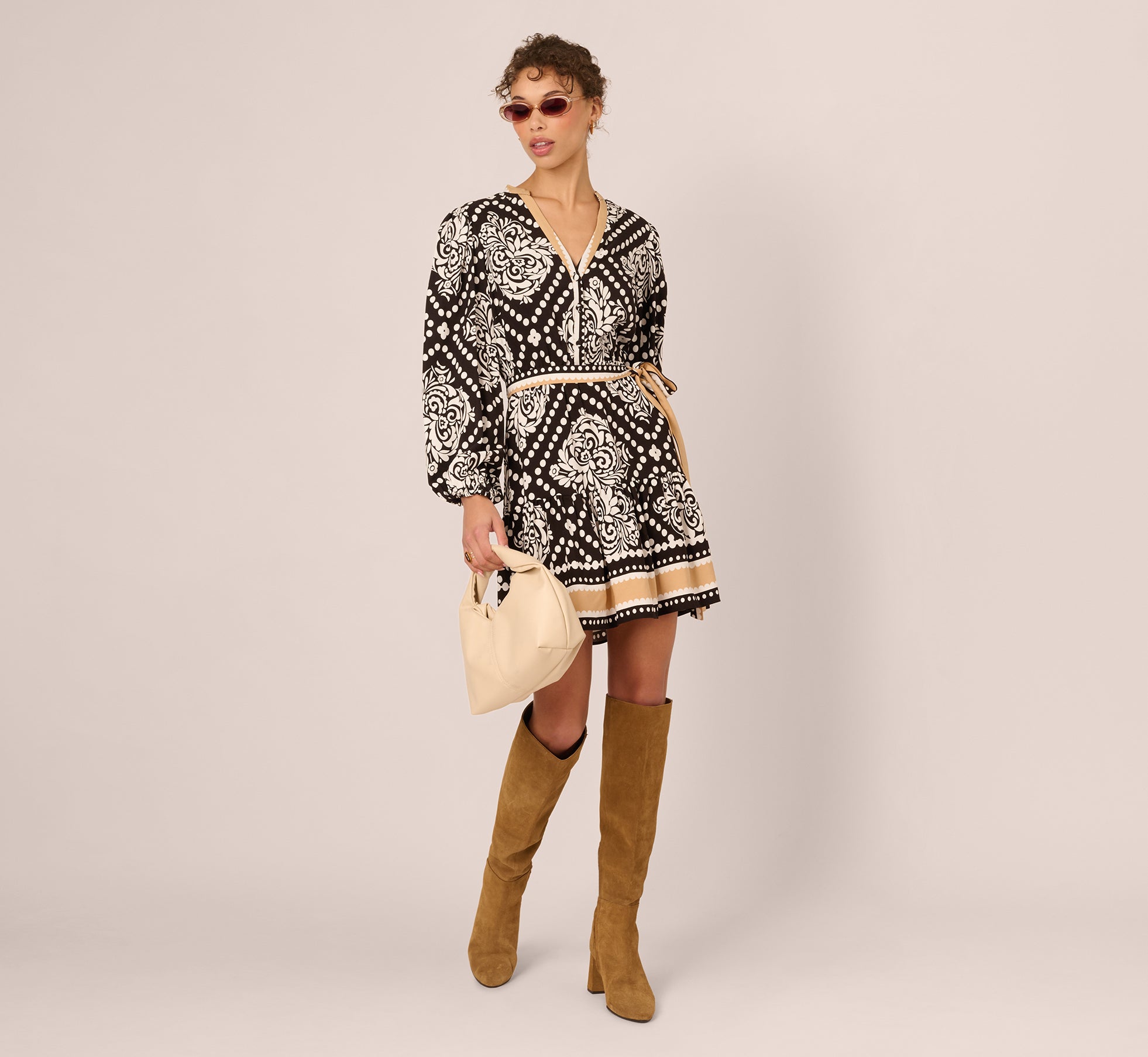 Bishop Sleeve Medallion Printed Short Dress In Black Ivory 1