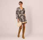 Bishop Sleeve Medallion Printed Short Dress In Black Ivory 1