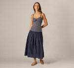 Drop Waist Chevron Cotton Midi Sundress In Navy Ivory 3