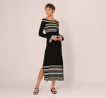 Off Shoulder Bell Sleeve Stretch Midi Dress In Ivory Black 2