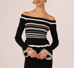 Off Shoulder Bell Sleeve Stretch Midi Dress In Ivory Black 3