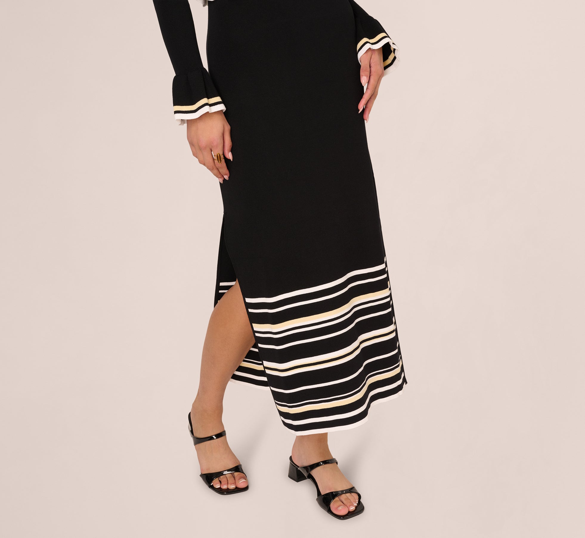 adrianna papell off the shoulder bell sleeve dress Black Off Shoulder Bell Sleeve Stretch Midi Dress