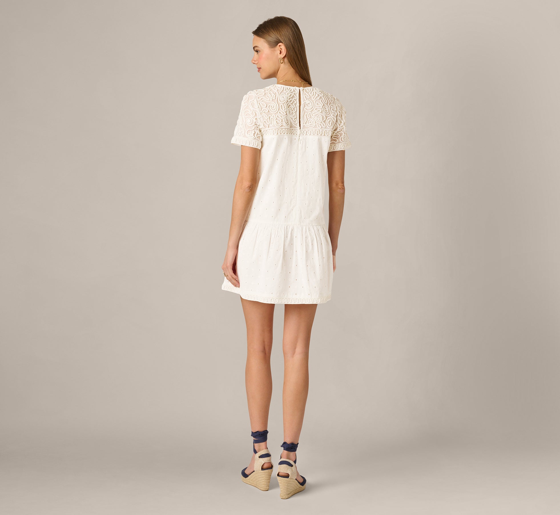 white lace dress with short sleeves Short Sleeve Drop Waist Cotton Eyelet Shift Dress In Ivory