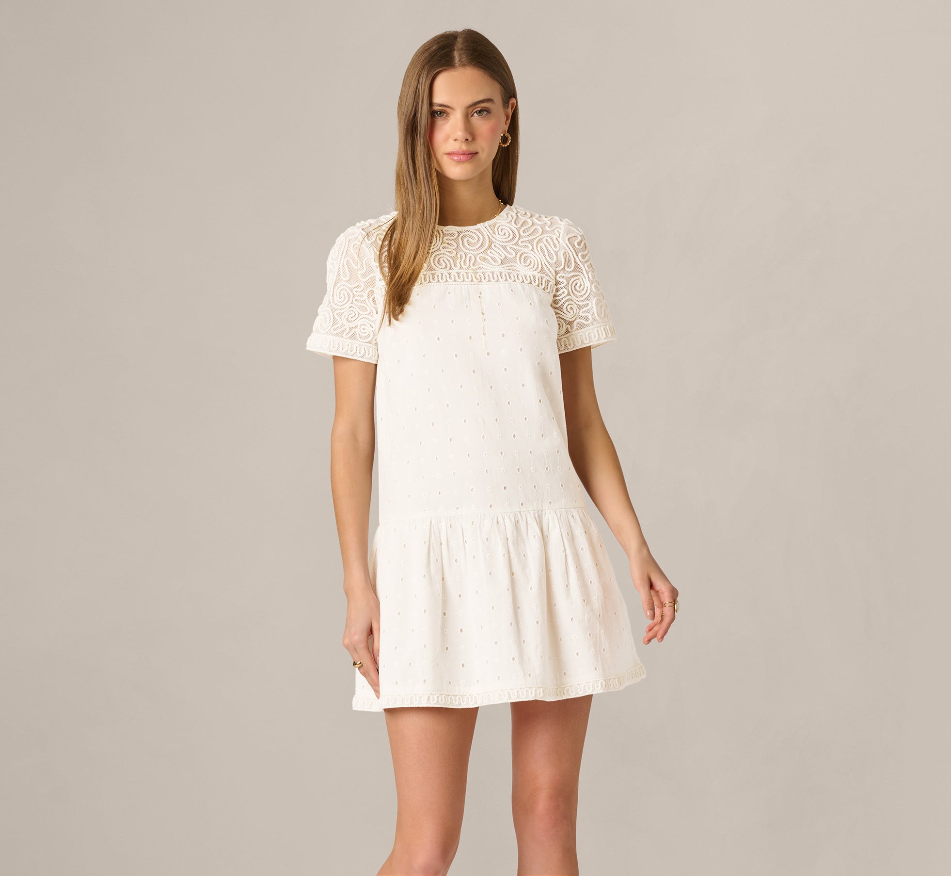 White Short Sleeve Drop Waist Cotton Eyelet Shift Dress
