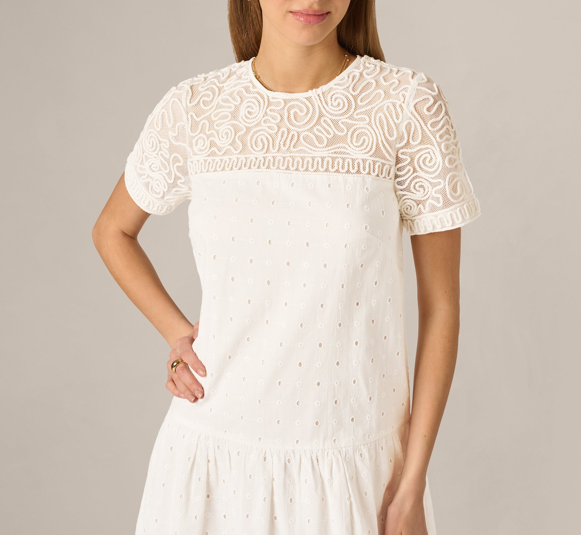 White Short Sleeve Drop Waist Cotton Eyelet Shift Dress