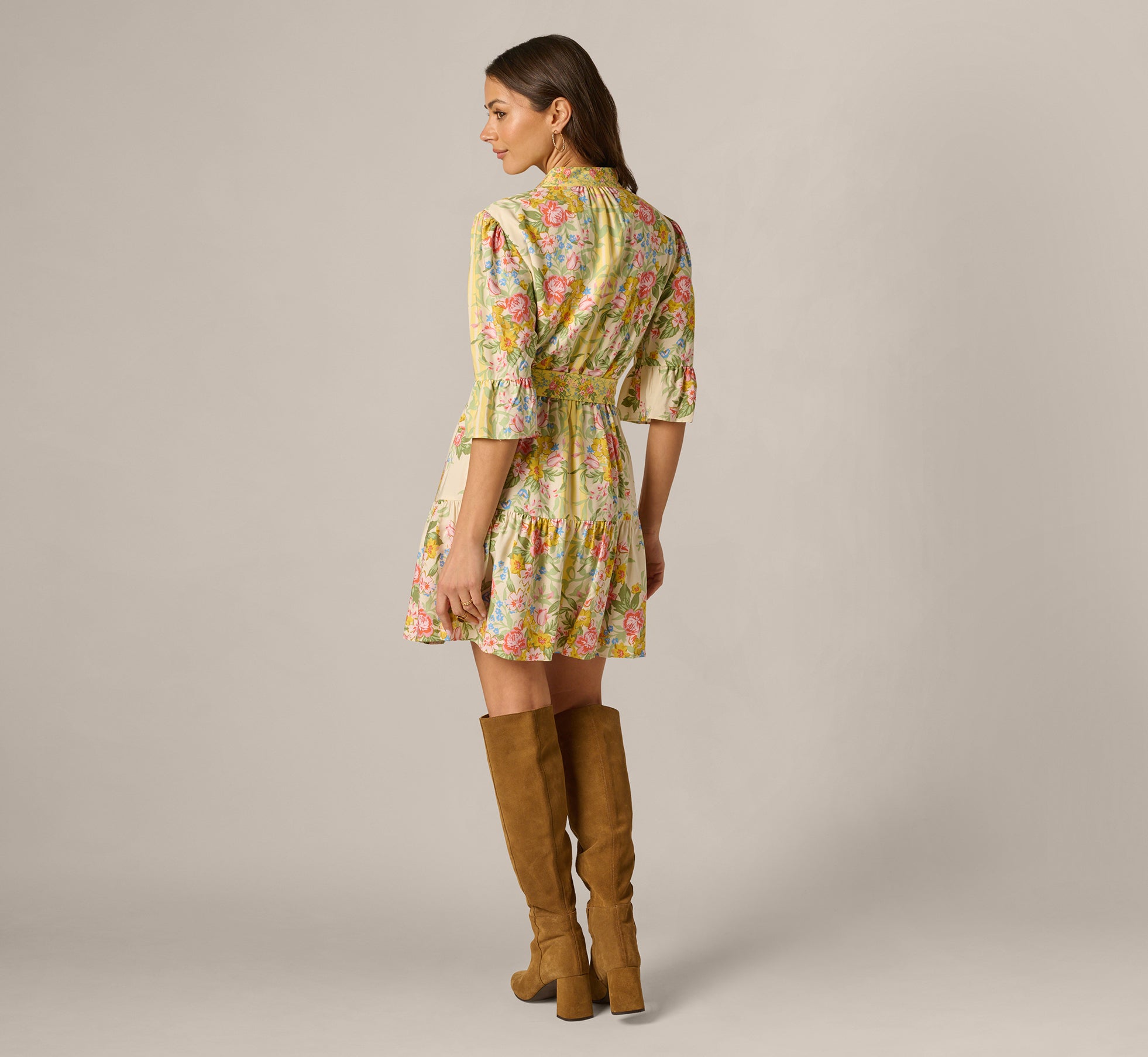 long sleeve yellow floral dress Bell Sleeve Vintage Floral Print Short Dress In Pale Yellow