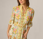 Bell Sleeve Vintage Floral Print Short Dress In Pale Yellow 3