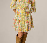 Bell Sleeve Vintage Floral Print Short Dress In Pale Yellow 4