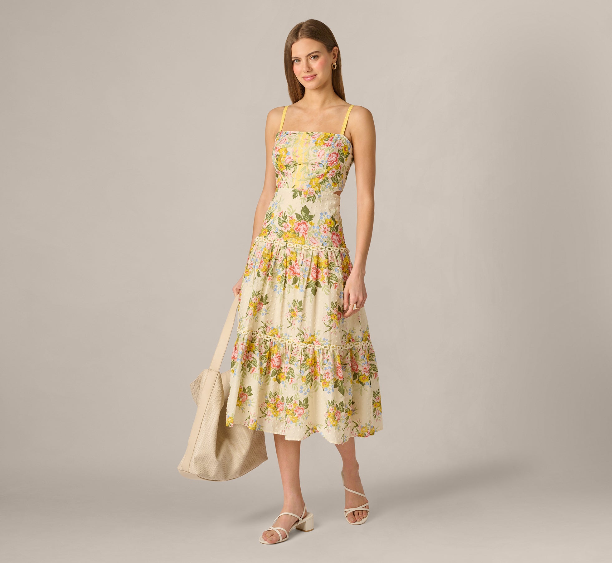 Yellow Cotton Vintage Floral Midi Sundress - Adrianna Papell Yellow Cotton Vintage Floral Midi Sundress - Adrianna Papell