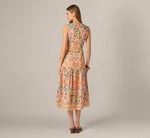 Floral Printed Cutout Drop Waist Midi Dress In Peach Multi 6