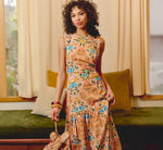 Floral Printed Cutout Drop Waist Midi Dress In Peach Multi 1