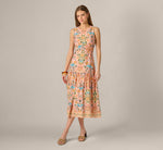 Floral Printed Cutout Drop Waist Midi Dress In Peach Multi 3