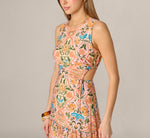 Floral Printed Cutout Drop Waist Midi Dress In Peach Multi 4