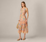 Floral Printed Cutout Drop Waist Midi Dress In Peach Multi 2