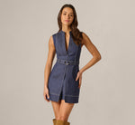 Stretch Denim Belted Overlay Romper In Dark Ink 2