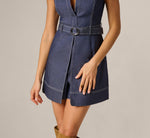 Stretch Denim Belted Overlay Romper In Dark Ink 4