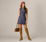 Stretch Denim Belted Overlay Romper In Dark Ink 1