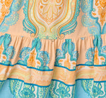 Bishop Sleeve Paisley Print Belted Short Dress In Peach Multi 7