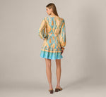 Bishop Sleeve Paisley Print Belted Short Dress In Peach Multi 5