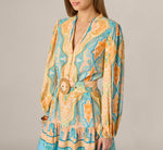 Bishop Sleeve Paisley Print Belted Short Dress In Peach Multi 3