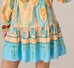 Bishop Sleeve Paisley Print Belted Short Dress In Peach Multi 4