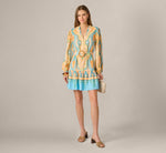 Bishop Sleeve Paisley Print Belted Short Dress In Peach Multi 1