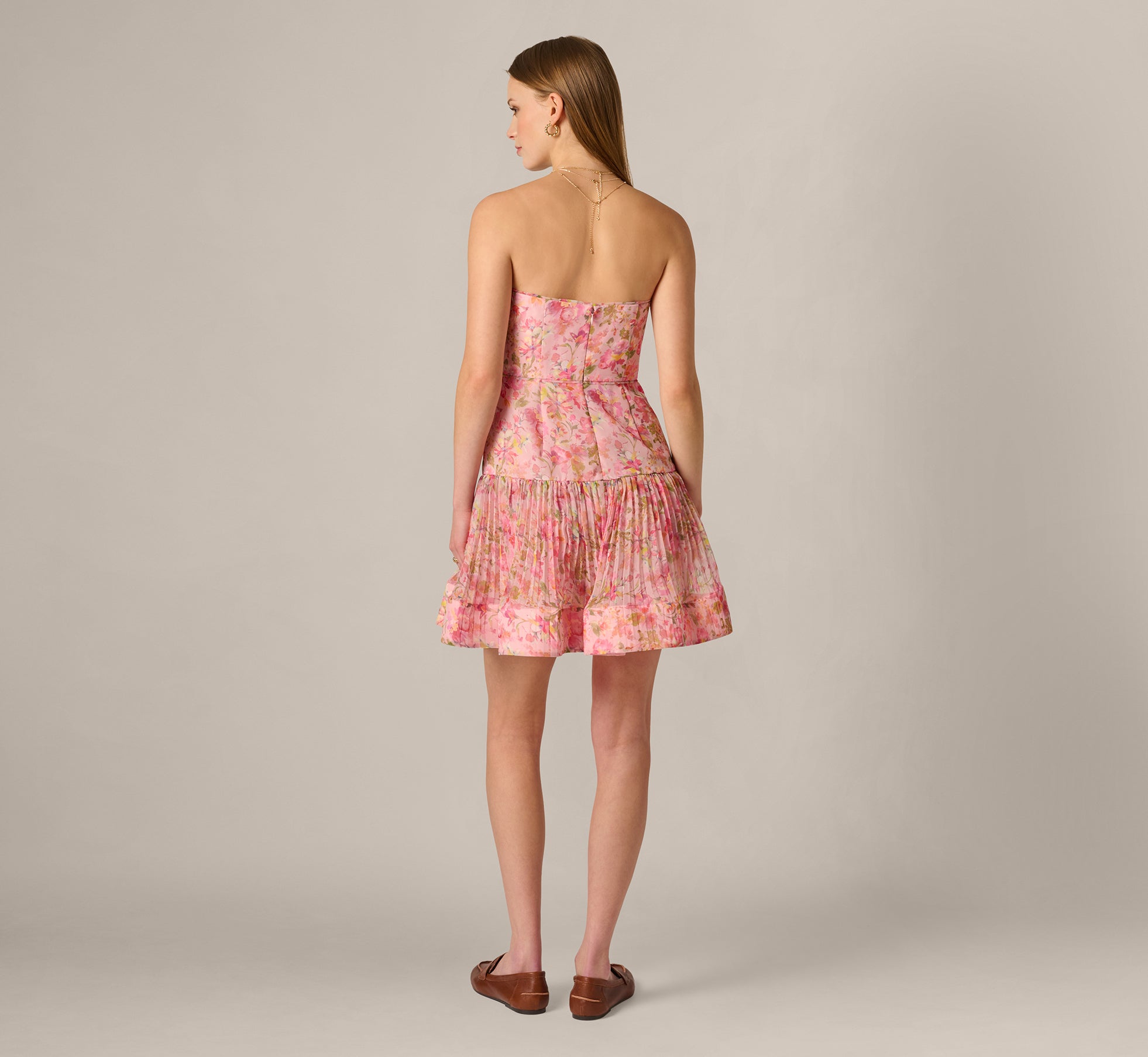 Multi Colored Strapless Floral Organza Pleated Short Dress