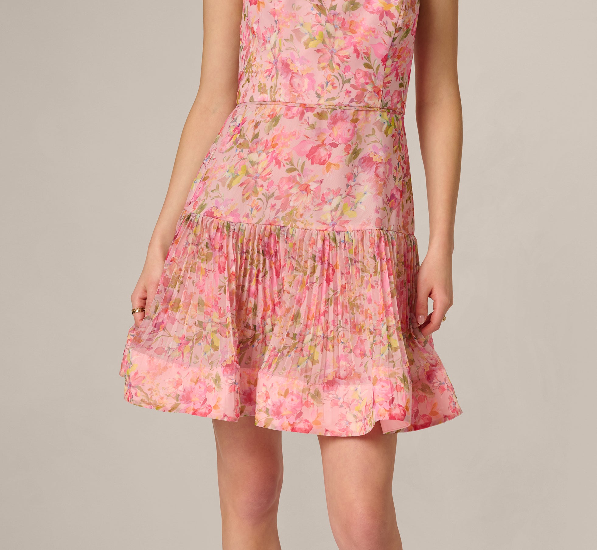 Pink Multi Strapless Floral Organza Pleated Short Dress - Adrianna Papell