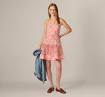 Strapless Floral Organza Pleated Short Dress In Pink Multi 2