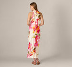 Floral Printed Satin Midi Halter Dress In Champagne Multi 6