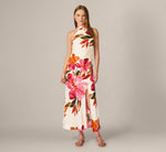 Floral Printed Satin Midi Halter Dress In Champagne Multi 3