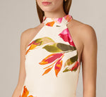 Floral Printed Satin Midi Halter Dress In Champagne Multi 4