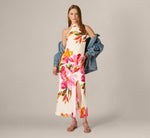 Floral Printed Satin Midi Halter Dress In Champagne Multi 2