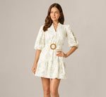 Cotton Floral Eyelet Belted Short Dress In Ivory Sage 3