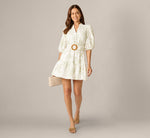 Cotton Floral Eyelet Belted Short Dress In Ivory Sage 2