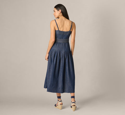 Blue Cotton Denim Drop Waist Belted Midi Dress