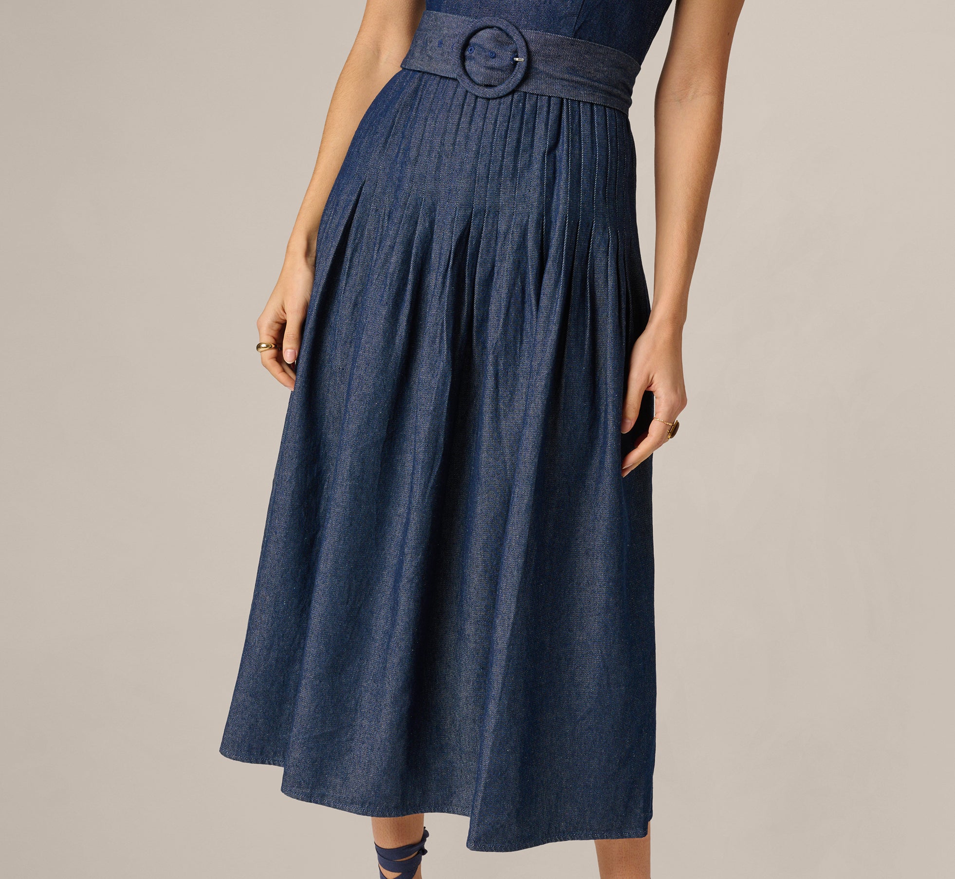 Blue Cotton Denim Drop Waist Belted Midi Dress