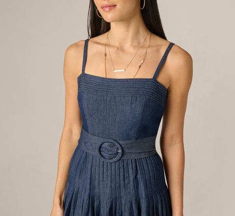 Blue Cotton Denim Drop Waist Belted Midi Dress