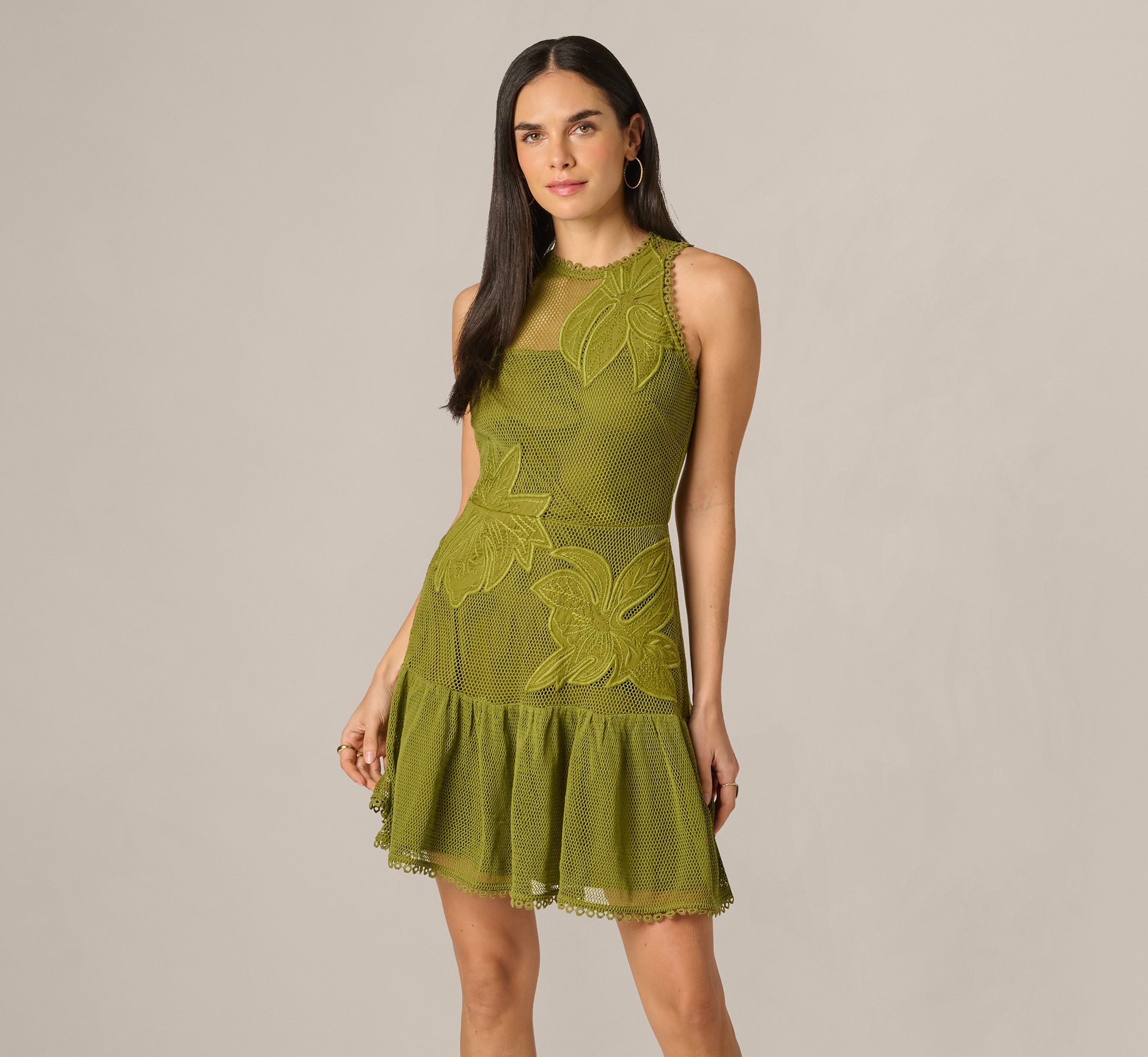 Green Cotton Mesh Floral Short Dress - Adrianna Papell