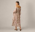Long Sleeve Off Shoulder Floral Print Cotton Dress In Ecru Chocolate 6