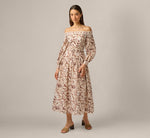 Long Sleeve Off Shoulder Floral Print Cotton Dress In Ecru Chocolate 3